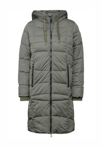 Padded parka v tlumené zelené barvě se zapínáním na zip, nastavitelnou kapucí a dvěma kapsami na zip. Obsahuje vroubkované manžety a prošívaný design.