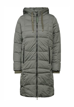 Padded parka v tlumené zelené barvě se zapínáním na zip, nastavitelnou kapucí a dvěma kapsami na zip. Obsahuje vroubkované manžety a prošívaný design.