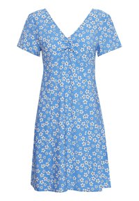 Modré květinové šaty s krátkými rukávy, véčkovým výstřihem, zřasením v oblasti hrudi a vzorem bílých květin. Vyrobeno z měkké tkaniny.