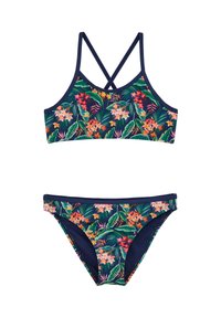 Maillot de bain deux pièces bleu marine avec imprimé floral tropical, comprenant un haut à bretelles croisées et un bas de bikini assorti.