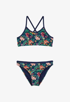 Costume da bagno due pezzi blu navy con stampa floreale tropicale, dotato di top con spalline incrociate e perizoma coordinato.