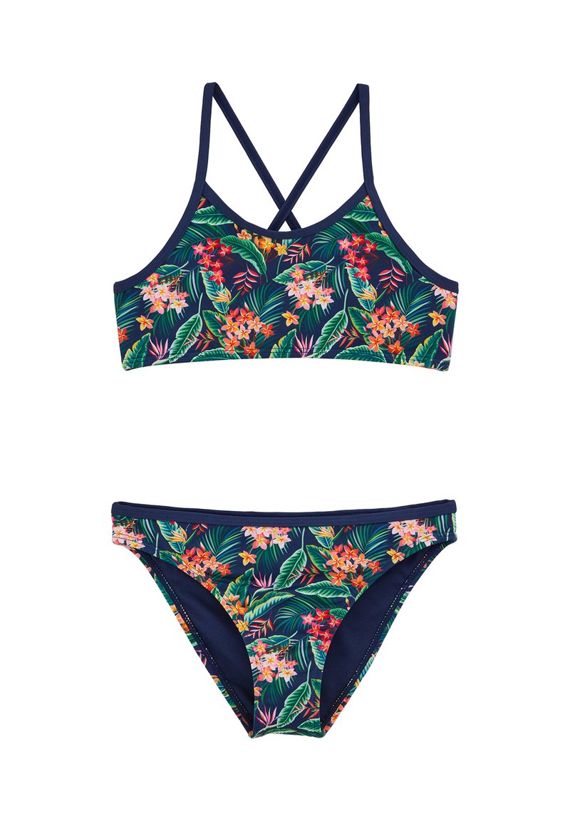 Maillot de bain deux pièces bleu marine avec imprimé floral tropical, comprenant un haut à bretelles croisées et un bas de bikini assorti.