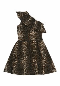 Haljina s uzorkom leopard kože koja ima dizajn s jednim rukavom, detalje volana, lepršavu suknju, i paletu boja u crnoj, bež i smeškastoj.