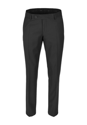 Schwarze, taillierte Hosen mit glatter Textur, ausgestattet mit einem einzigen Knopfverschluss, vorderen Falten und einem geraden Bein-Design.