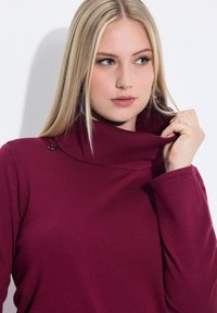 Pullover a collo alto color bordeaux realizzato in un morbido tessuto a maglia, con un colletto ripiegato e un sottile accento nero vicino allo scollo.