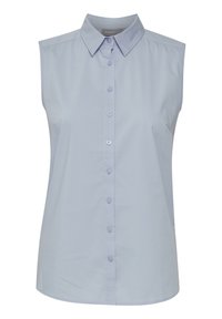 Jasnoniebieska bezrękawnik z kołnierzykiem w szpic, zapięcie na guziki z przodu oraz gładką teksturą materiału. Bez kieszeni i ozdób.