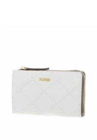 White textured leather wallet with a diamond quilted pattern, gold "PICARD" logo, zip closure, and brown accents.