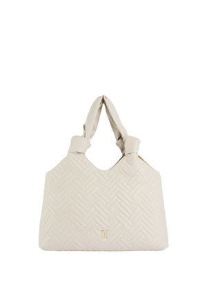 Borsa trapuntata beige con manici annodati e motivo a punto a chevron, con piccolo logo metallico al centro anteriore.