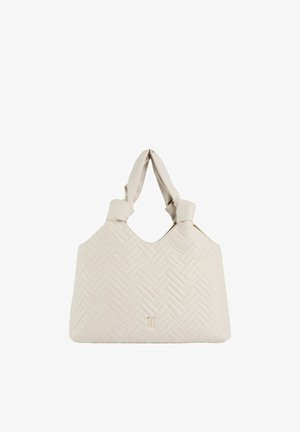 Borsa trapuntata beige con manici annodati e motivo a punto a chevron, con piccolo logo metallico al centro anteriore.