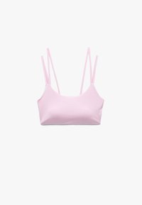 Top bralette rosa chiaro realizzato in materiale morbido, con spalline sottili e regolabili e un design semplice e aderente senza hardware visibile.