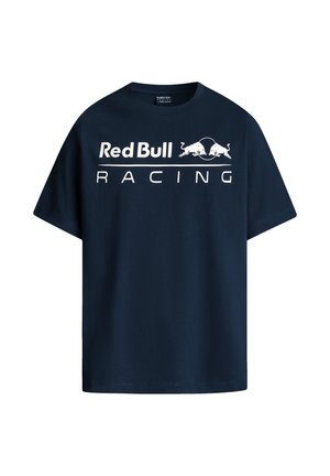 Navyblaue Baumwoll-T-Shirt mit "Red Bull Racing" in weißem Text, kurzen Ärmeln, Rundhalsausschnitt und lässiger Passform.