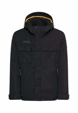 Black hooded jacket with snap-button chest pockets, zippered side pockets, and adjustable cuffs, shown against a white background.