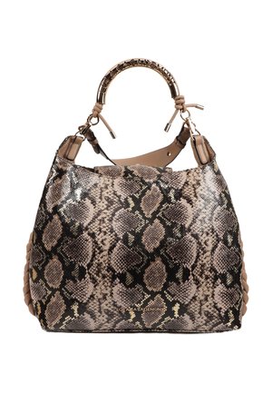 Snakeskin-patterned handbag in shades of brown and beige, featuring a rounded handle with logo, soft leather accents, and braided sides.