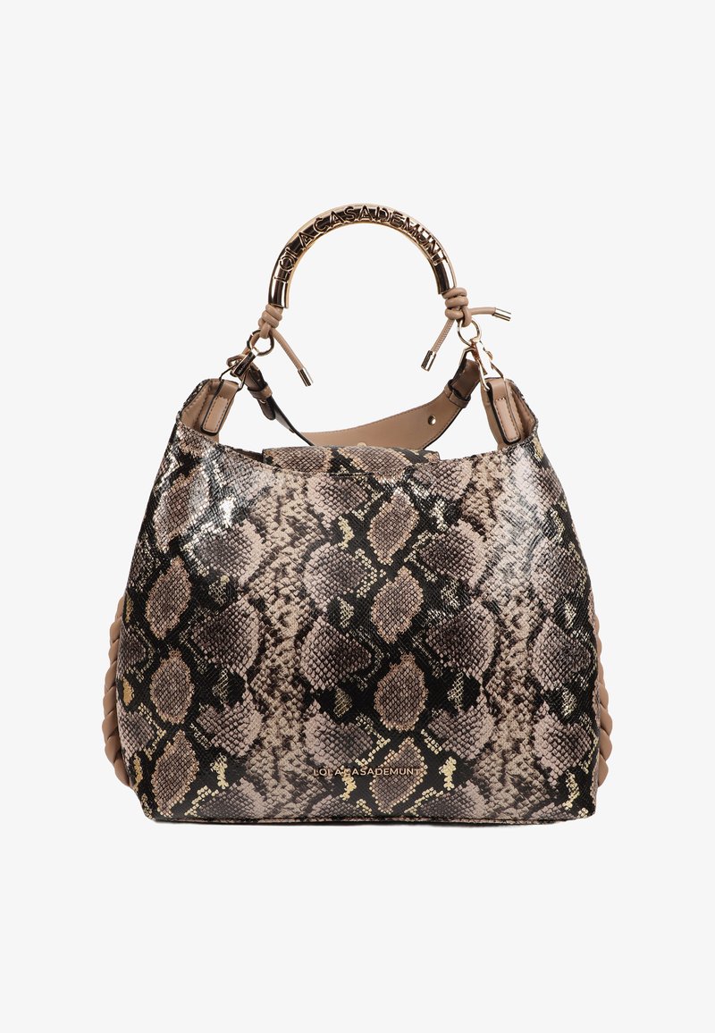 Kabelka s hadím vzorem v odstínech hnědé a béžové, s kulatou rukojetí s logem, měkkými koženými akcenty a tkanými stranami.