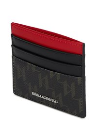 Lieknas kortelių laikiklis su tamsiu raštuotu priekinio kišenių, dviem juodomis kortelių vietomis, viena raudona kortelių vieta ir sidabriniu Karl Lagerfeld logotipu.