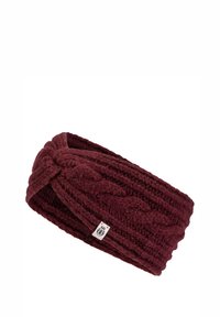 Strickhaarband in dunklem Burgunderrot, mit Kabeldesign, verdrehtem Frontknoten und einem kleinen Markenetikett nahe der unteren Kante.