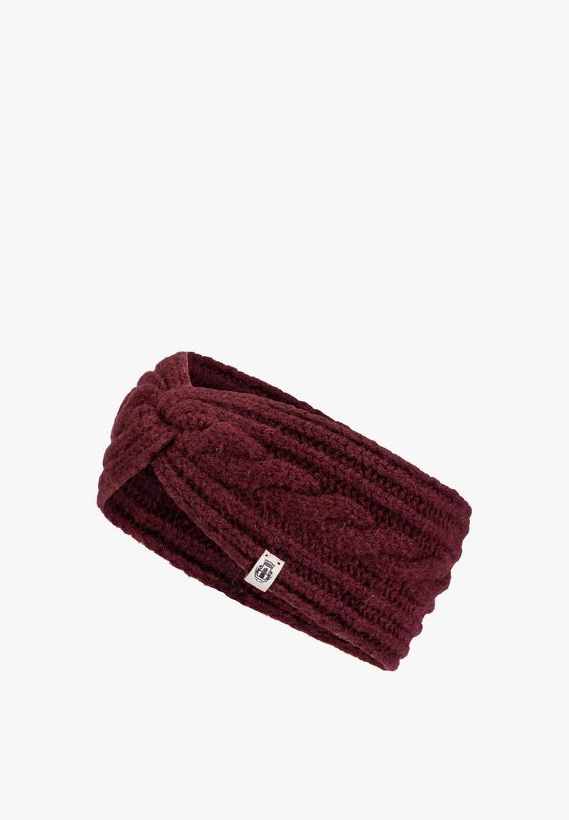 Strickhaarband in dunklem Burgunderrot, mit Kabeldesign, verdrehtem Frontknoten und einem kleinen Markenetikett nahe der unteren Kante.