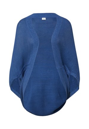Blauwe gebreide cardigan met open voorzijde, geribbelde randen en een losse, afgeronde zoom.