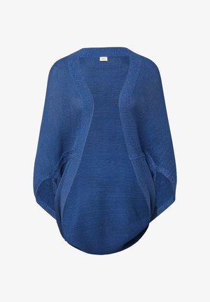 Blauer, gestrickter Cardigan mit offenem Vorderteil, gerippten Kanten und lockerem, abgerundetem Saumdesign.