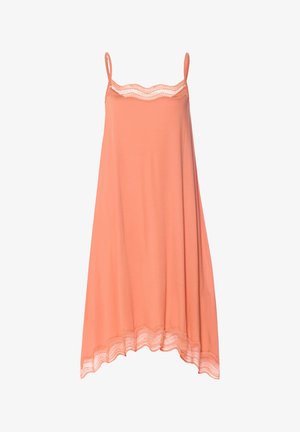 Leichtes Korallen-Top mit Spitzenbesatz entlang des Ausschnitts und am unteren Saum; verfügt über dünne verstellbare Träger und eine lockere Passform.