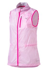 Gilet leggero rosa con colletto alto, zip completa, bordo rosa a contrasto e due tasche frontali. Realizzato in tessuto liscio e lucido.