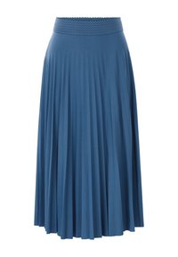 Gonna plissettata blu realizzata in tessuto morbido, con vita arricciata e un design fluido che scende fino a metà polpaccio.