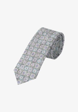 Patterned tie featuring a light gray background with circular floral designs in blue and purple. Smooth fabric with a narrow cut and pointed tip.