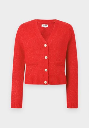 Rode gebreide cardigan met een V-hals, geribbelde zoom en lange mouwen. Voorzien van vijf grote parelachtige knopen en twee voorzakken.