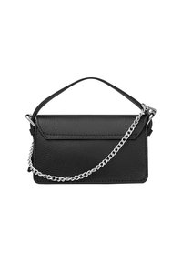 Borsa a mano nera in pelle con finitura texture, dotata di una tracolla in catena argentata e di un manico superiore. Design minimalista con una tasca frontale.