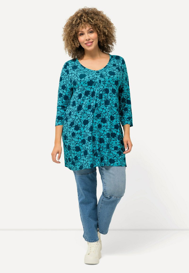 Ulla Popken FLORAL PRINT 3/4 SLEEVE A-LINE - Pitkähihainen paita - light turquoise