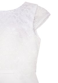 Vit klänning med blommig broderad överdel, paljettstruktur, korta ärmar och en genomskinlig blomdetalj vid midjan. Slät tygfinish.