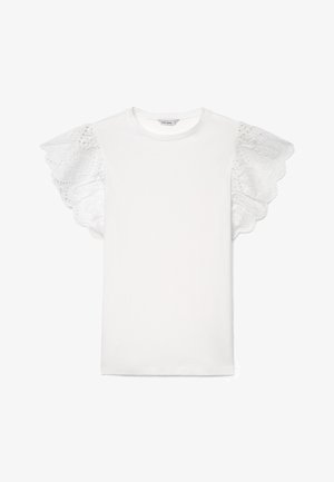 Camicia bianca a maniche corte con scollo rotondo e dettagli in pizzo ad occhiello arricciato sulle maniche.