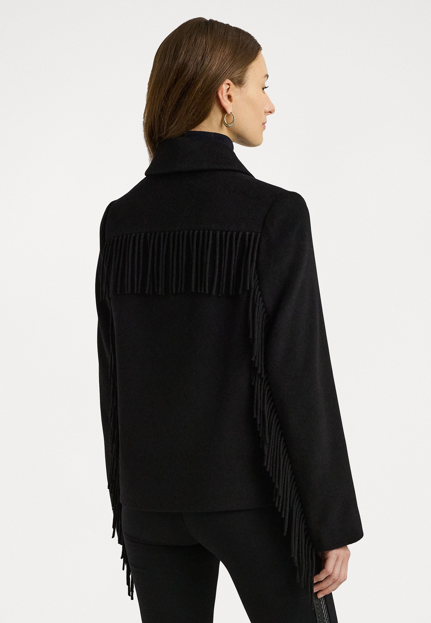 【Ralph Lauren】Fringe Drape Wool Blend Coat Lauren in Black Fringe Wool-Blend Wrap Coat