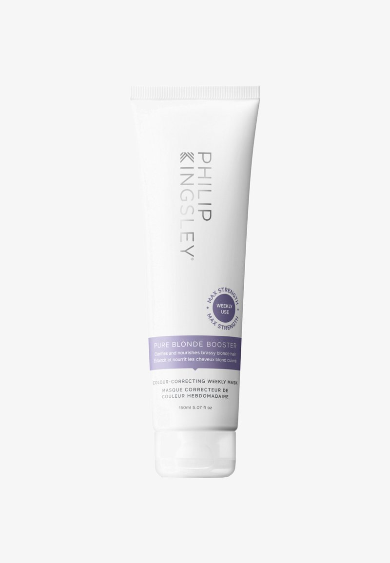 Tube en plastique blanc avec un bouchon à rabat, présentant un texte de marque gris et des accents violets. L'étiquette indique "Pure Blonde Booster", 150 ml.