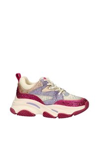 Chunky sneaker with a mix of pink, purple, and cream hues. Features glittery accents and a textured sole, emphasizing a sporty design.