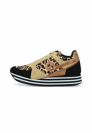 Leopard print sneaker with beige suede and black accents, featuring a shiny copper detail and a striped black and white sole.