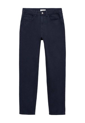 I pantaloni in cotone blu navy presentano una vestibilità dritta, cinque tasche, chiusura con bottone e passanti per cintura, con una finitura liscia al tatto.