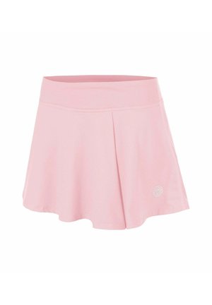 Lichtroze atletische skort met brede tailleband en subtiele voorvouw, met klein logo vlak bij de zoom op een witte achtergrond.