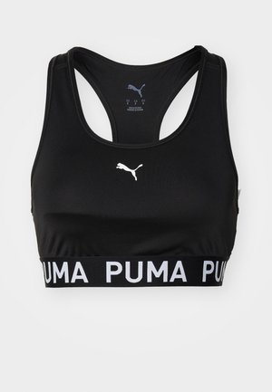 Zwarte sportbeha van rekbaar materiaal met een racerback-ontwerp. Heeft een wit Puma-logo en een gedurfde elastische band met de tekst "PUMA".
