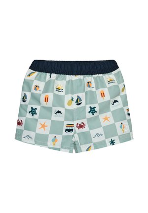 Lyseblå badeshorts med elastisk navy talje, dekoreret med et mønster af farverige havtema-ikoner på en ternet baggrund.