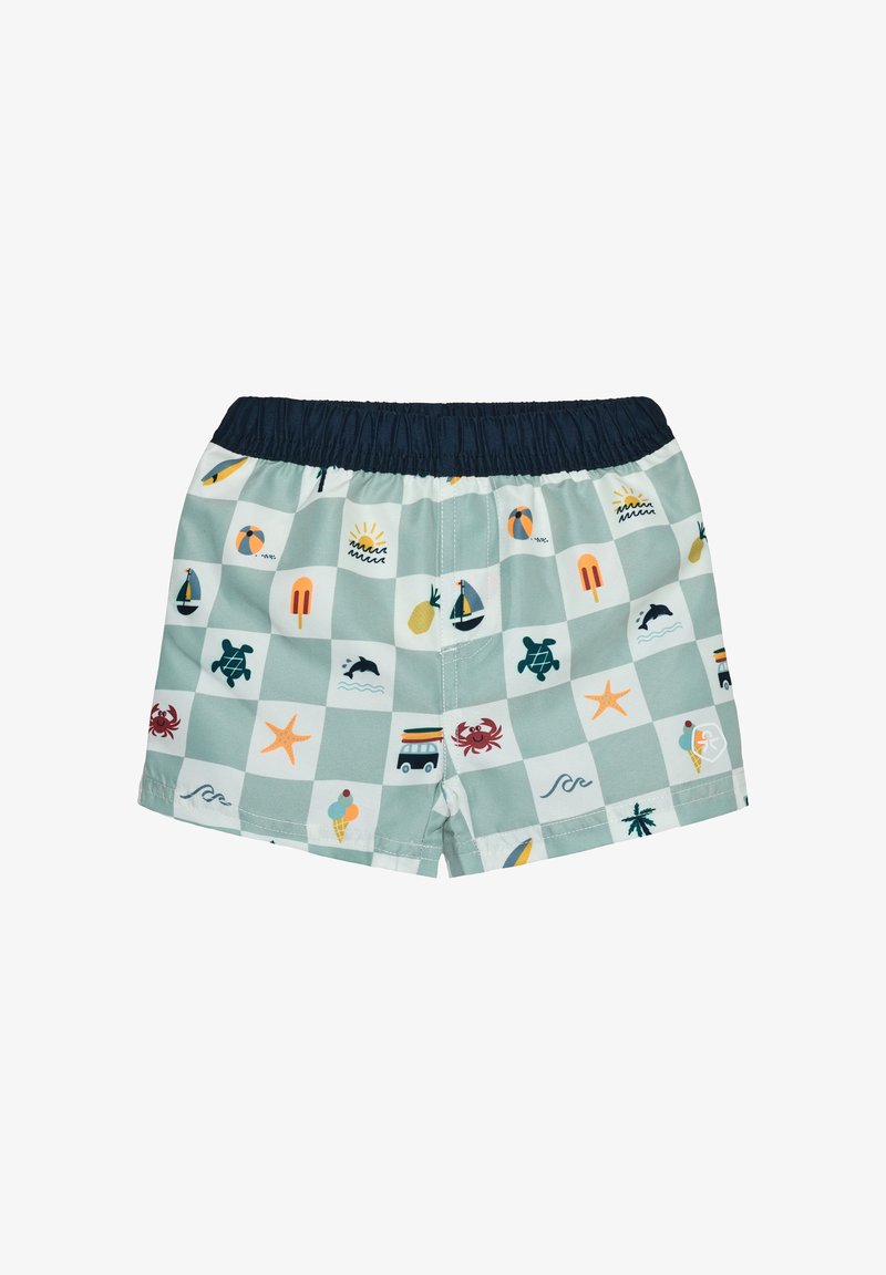 Shorts de bain bleu clair avec une ceinture élastique marine, présentant un motif d'icônes colorées sur le thème de la mer sur un fond à damier.