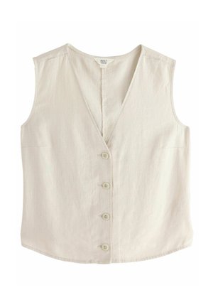 Mouwloos beige gilet met knopen, V-hals en vier knopen aan de voorkant, gemaakt van licht stof.