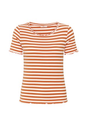 Korte mouw rib T-shirt met horizontale oranje-witte strepen en gerimpelde randen aan de halslijn, mouwen en zoom.