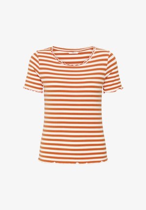 Korte mouw rib T-shirt met horizontale oranje-witte strepen en gerimpelde randen aan de halslijn, mouwen en zoom.
