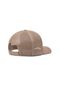Cappello beige con retro in rete e parte anteriore solida, caratterizzato da una visiera curvata e una strap regolabile. La texture è traspirante con un design sportivo.