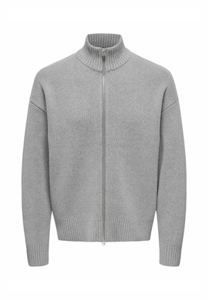 Szary sweter rozpinany na zamek z wysokim kołnierzem, wykonany z teksturowanej dzianiny, z prążkowanymi mankietami i jednolitym wzorem bez zdobień czy akcentów.
