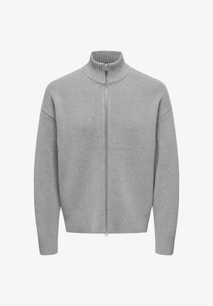 Szary sweter rozpinany na zamek z wysokim kołnierzem, wykonany z teksturowanej dzianiny, z prążkowanymi mankietami i jednolitym wzorem bez zdobień czy akcentów.