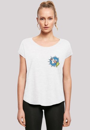 Weißes Baumwoll-T-Shirt mit rundem Ausschnitt und kurzen Ärmeln, das ein farbenfrohes Cartoon-Design im linken Brustbereich aufweist.