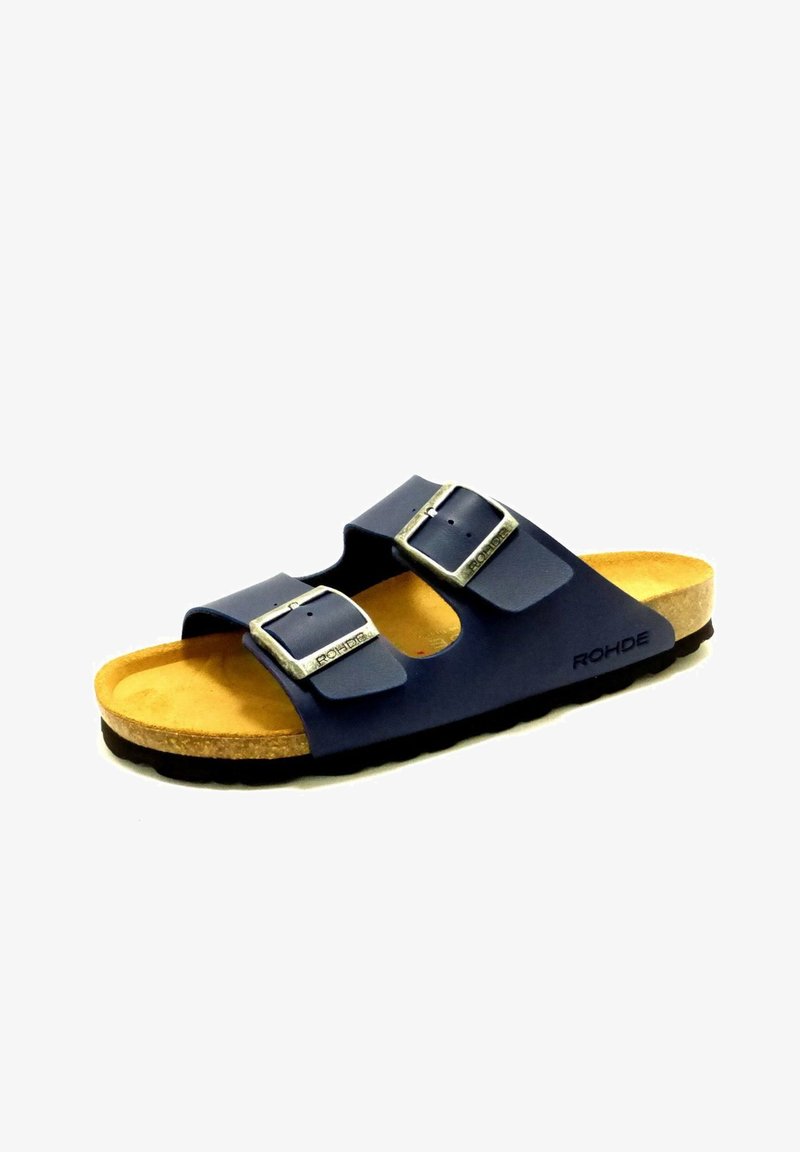 Navy blue sandal with two adjustable straps, silver buckles, and a cork footbed. Rubber sole provides traction. Brand name "Rohde" visible.