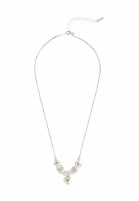 Hõbedane kaelakee, millel on südame ripats, mitmed ümmargused helmestest ja dekoratiivsed aksessuaarid. Sujuv disain peene ahelaga ja reguleeritava pikkusega.